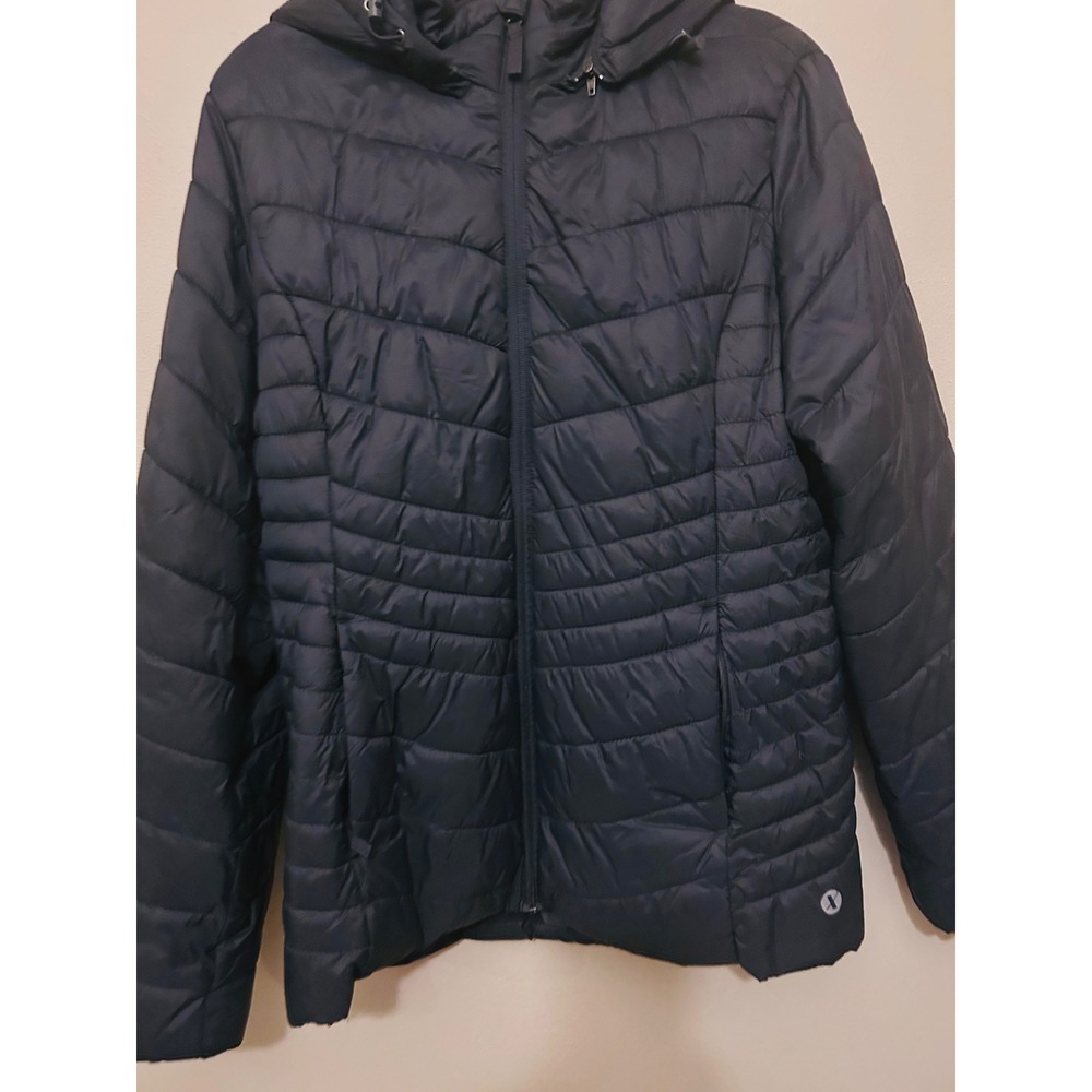 Xersion Puffer Jacket Womens Large Black Excellent Hooded Quilted Full Zip